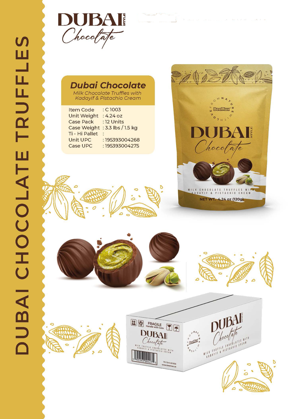 Dubai Milk Chocolate Truffles Kadayif and Pistachio Cream 120g Pouch