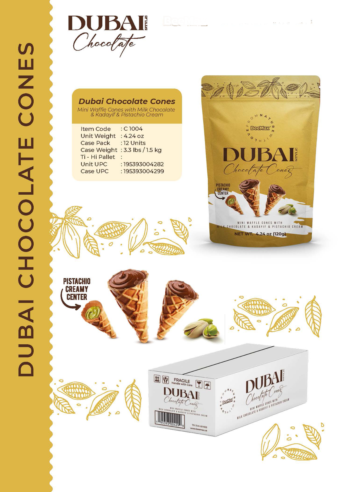 Dubai Milk Chocolate Mini Waffle Cones Kadayif and Pistachio Cream 120g Pouch 12/case